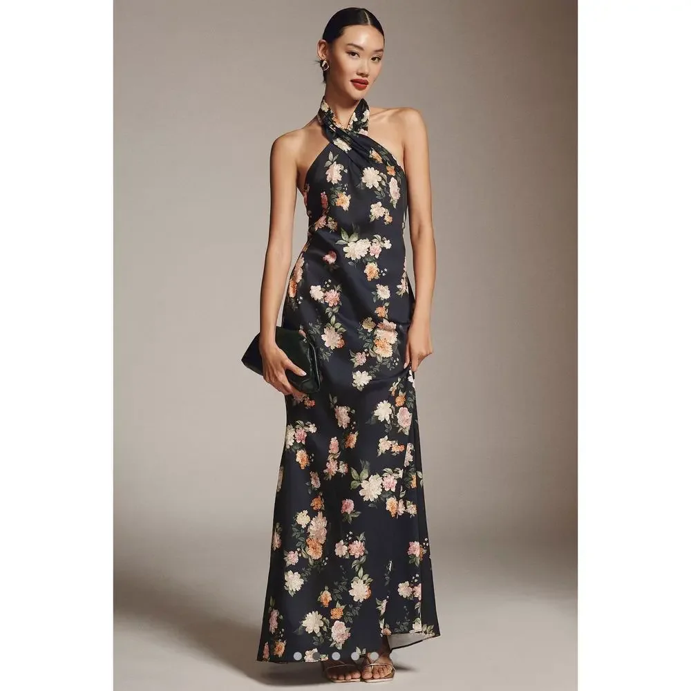 Anthropologie X Bhldn Ruby Twist Halter Satin Gown Navy Size 10 NWT - Picture 1 of 12